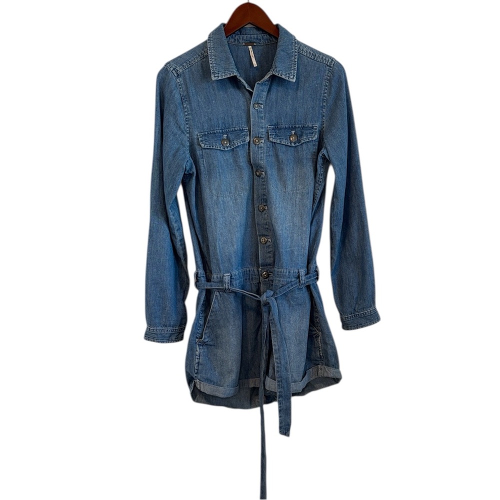 Free People Women's Long Sleeve Denim Button Up Med Wash Romper S